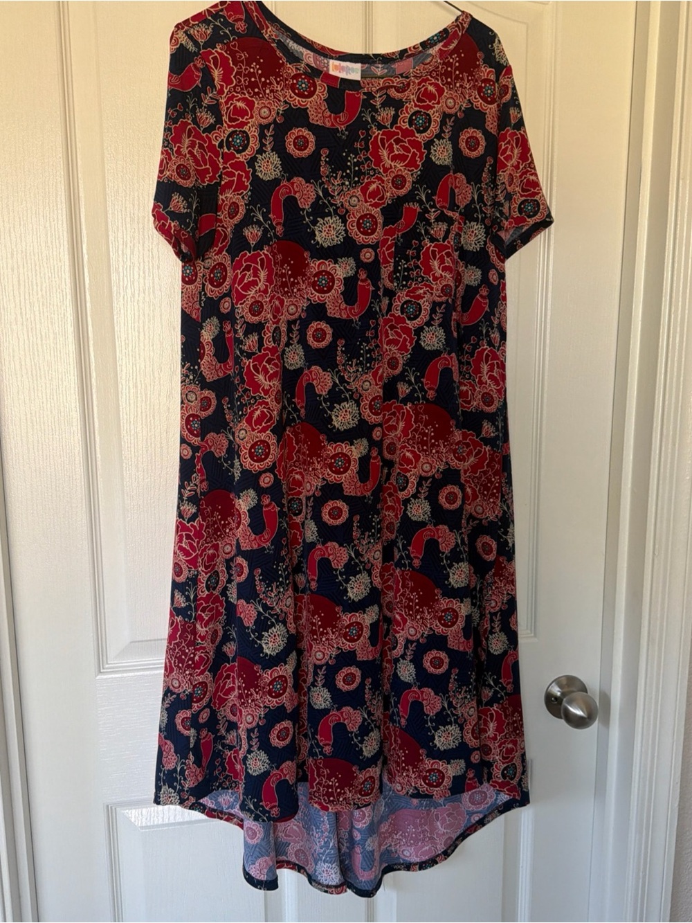 LulaRoe Carly Dress High Low Chest Pocket Floral Red Blue Birds Paisley Size S